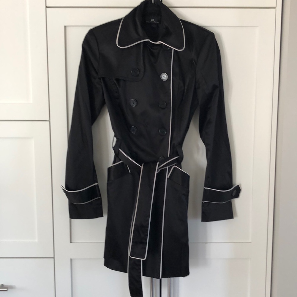 IZ Byer Satin Feel Black Trench & White Piping M